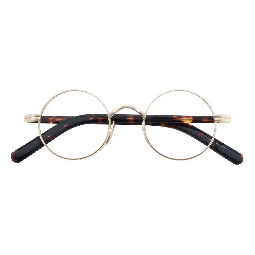 Front folded view of Sam vintage round metal eyeglasses RM0592302 in gold