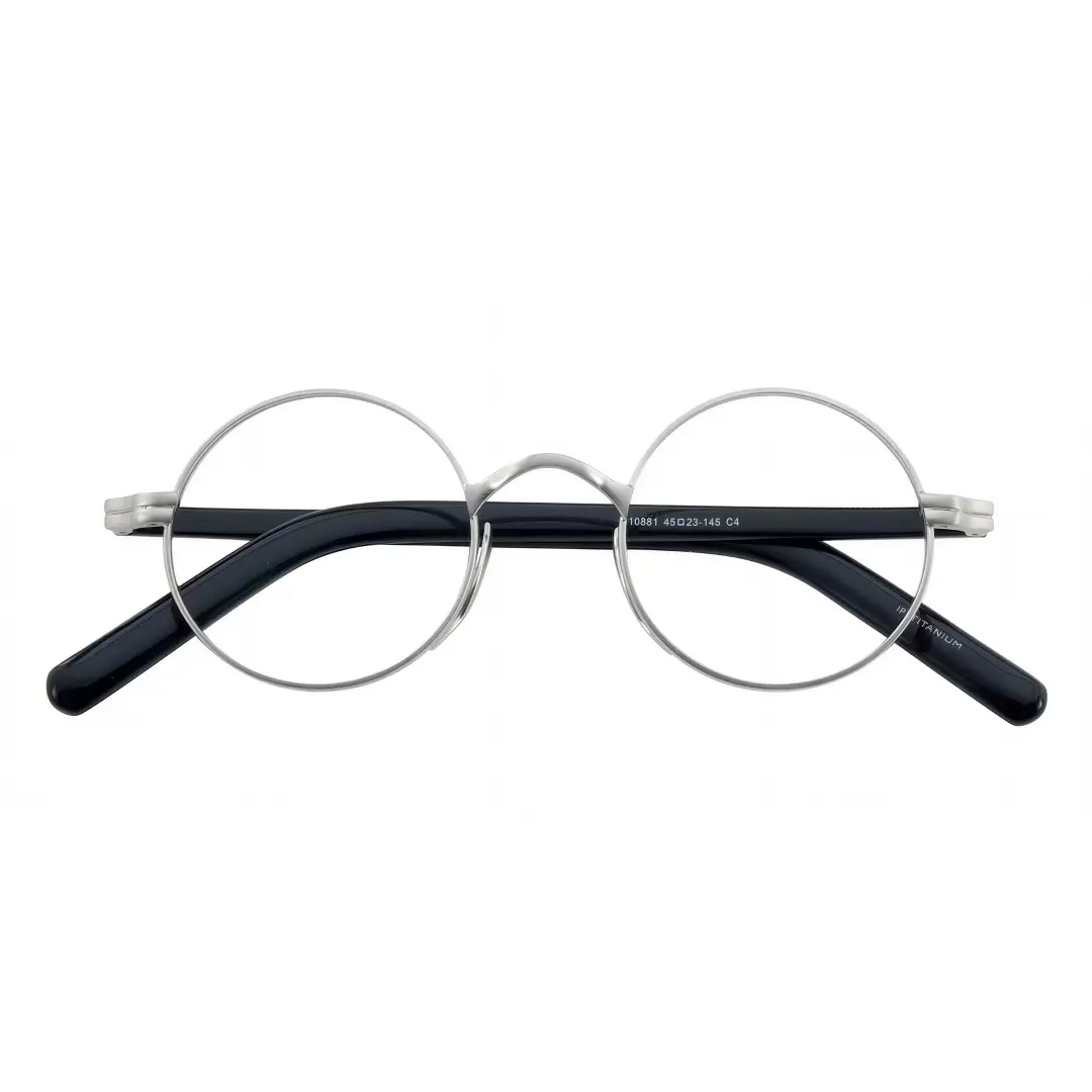 Front folded view of Sam vintage round metal eyeglasses RM0592302 in grey