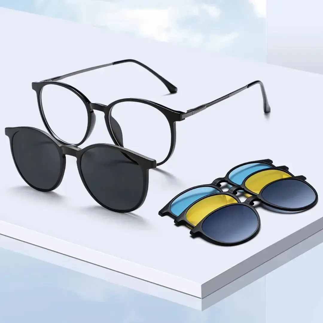 Scene view of Nita round metal magnetic clip-on eyeglasses set with interchangeable clip-on lenses RM0592505 in black