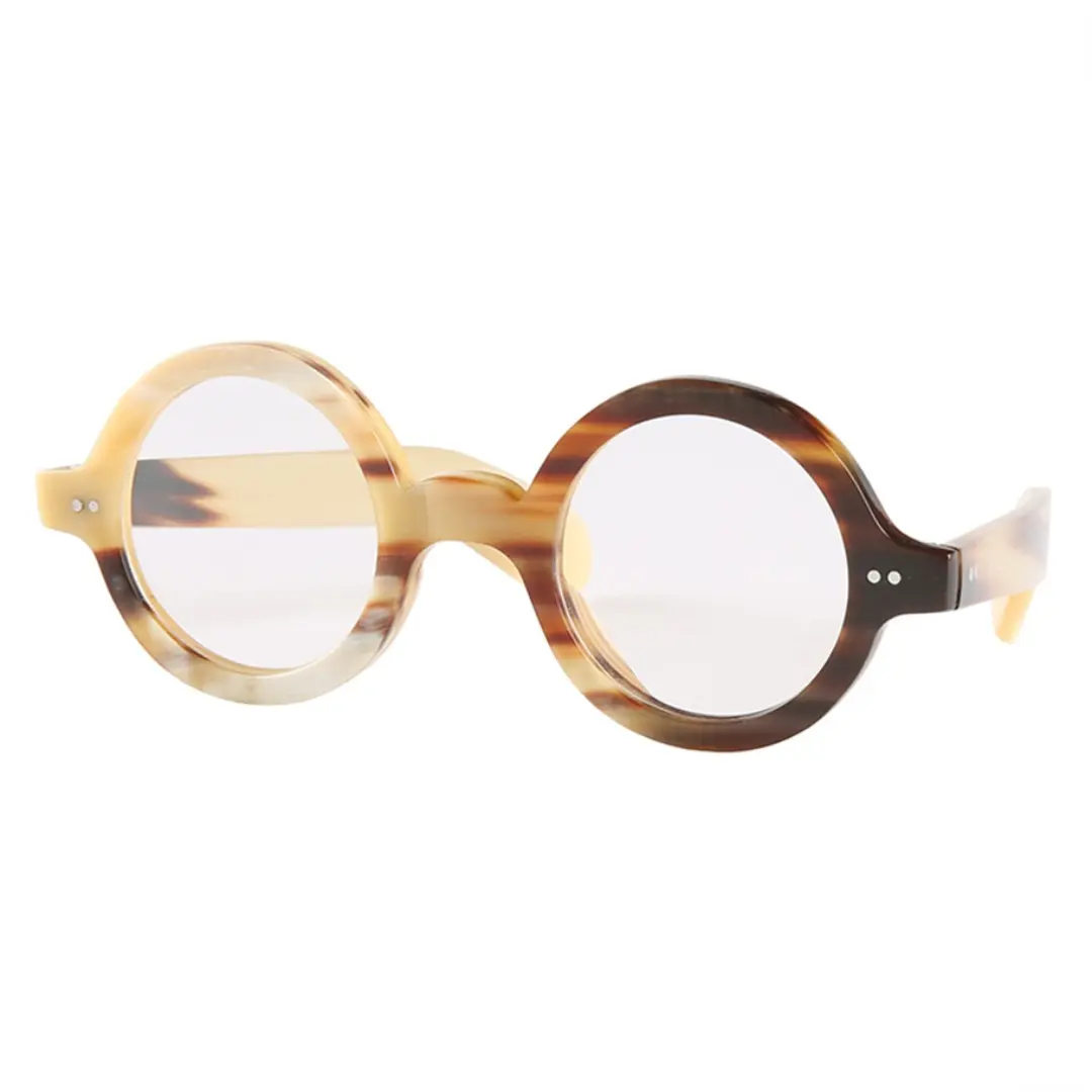 Angle view of Cairn round natural ox horn handcrafted eyeglasses RO0262511 in yellow