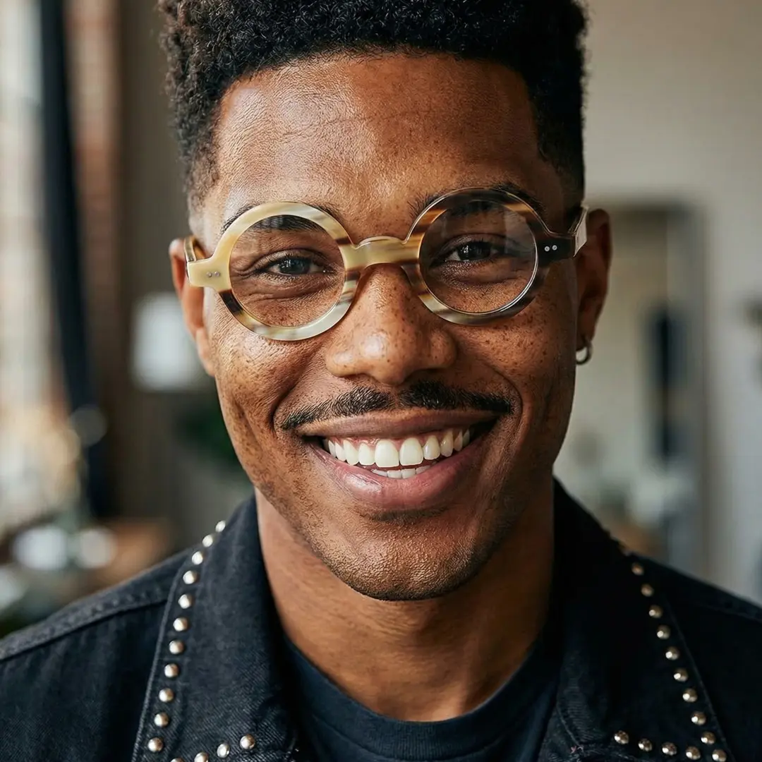 Front view of male wearing yellow round eyeglasses, natural smile, RO0262511