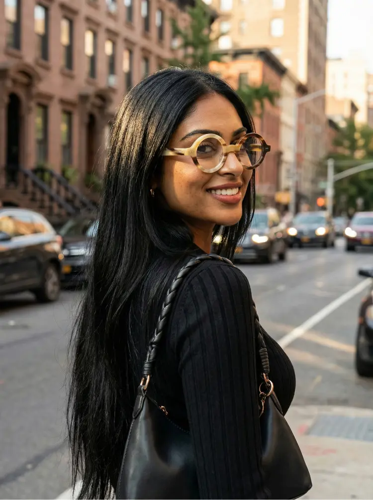 Female model wearing luxury yellow round natural ox horn handcrafted eyeglasses looking back on a city street with brownstone buildings background. SPU: RO0262511