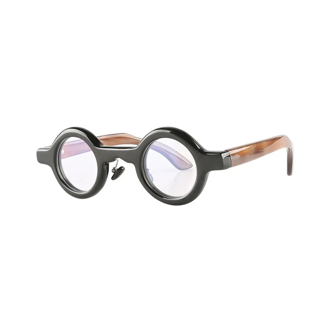 Angle view of Orbis round natural ox horn handcrafted eyeglasses RO0292511 in black