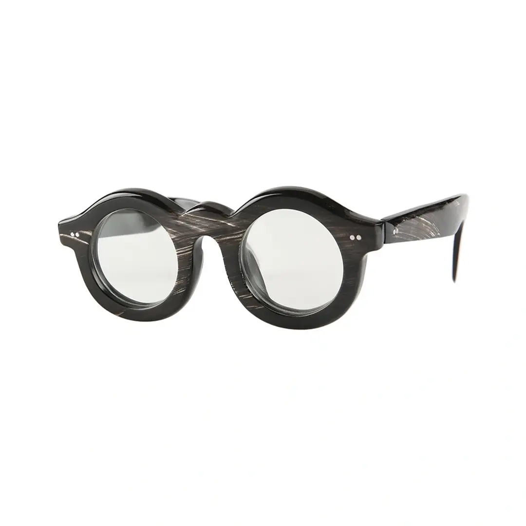 Angle view of Ember round natural ox horn handcrafted eyeglasses RO0302511 in black