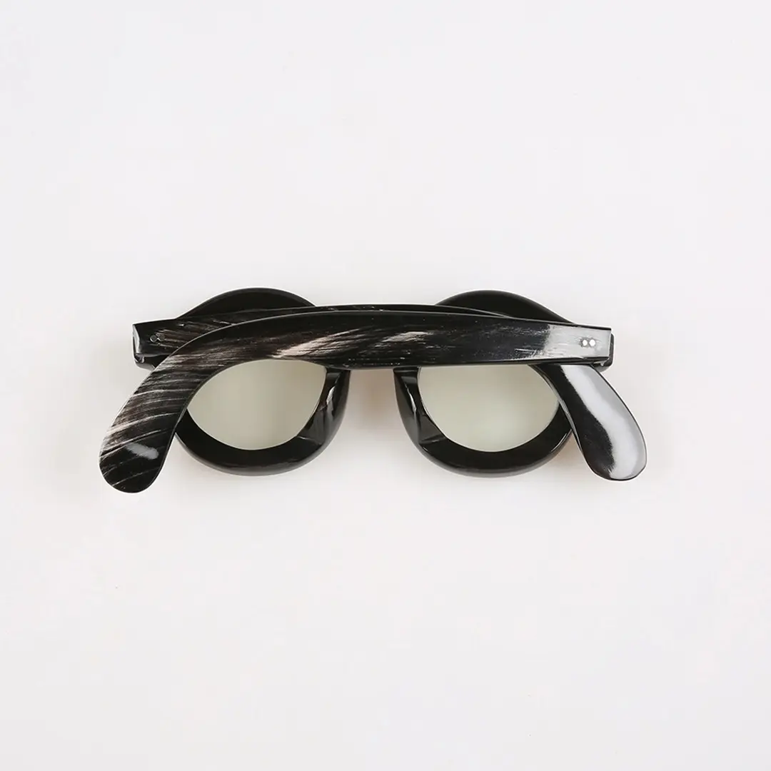 Back folded view of Ember round natural ox horn handcrafted eyeglasses RO0302511 in black