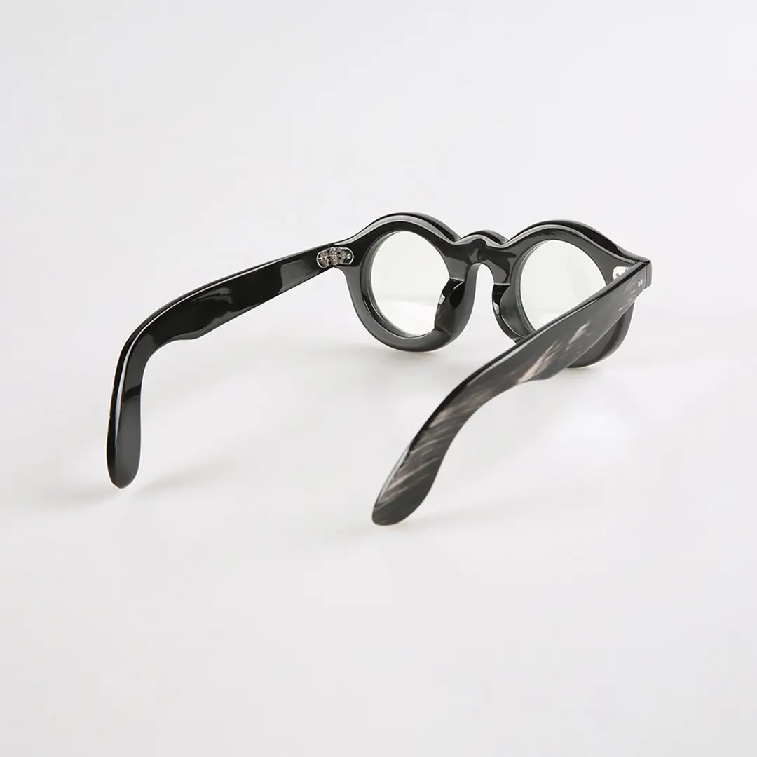Back view of Ember round natural ox horn handcrafted eyeglasses RO0302511 in black