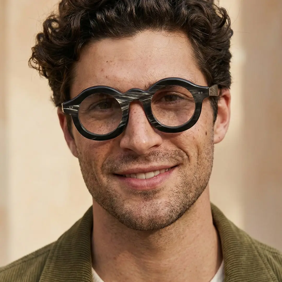 Front view of male wearing black round eyeglasses, natural smile, RO0302511