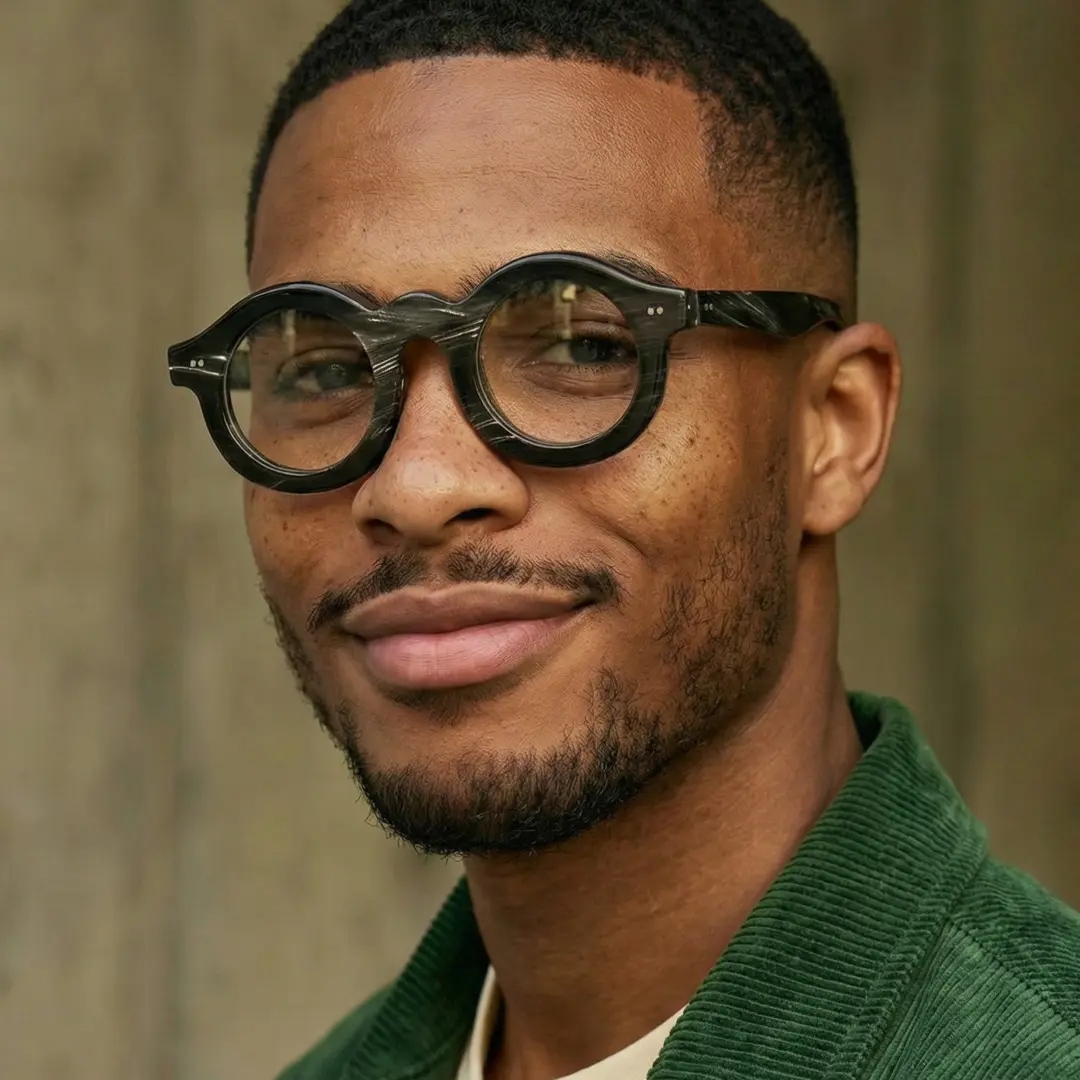 Three-quarter view of male wearing black round eyeglasses, smiling, RO0302511