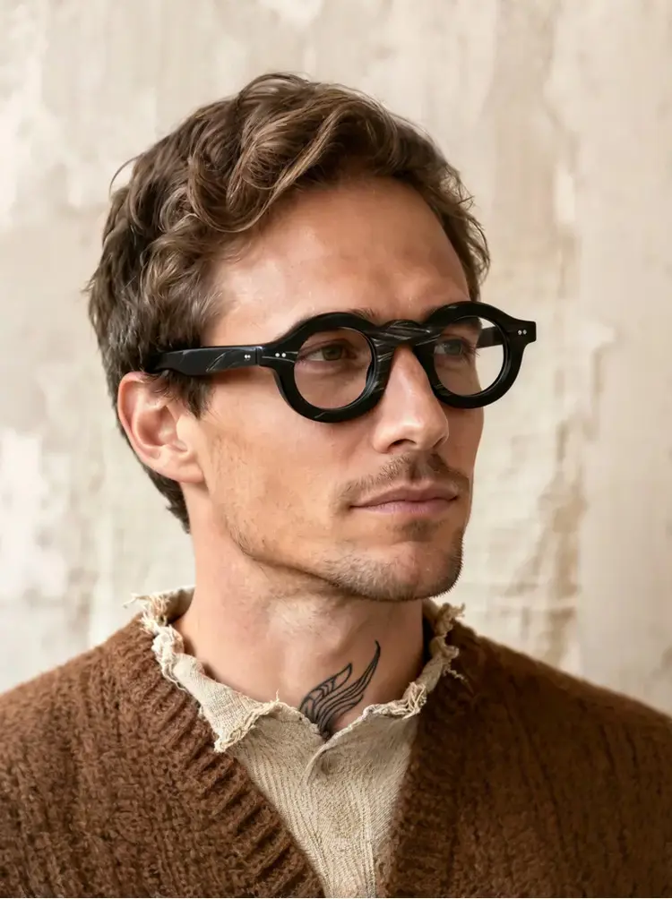 Male model wearing luxury black round natural ox horn handcrafted eyeglasses against a textured rustic wall background. SPU: RO0302511