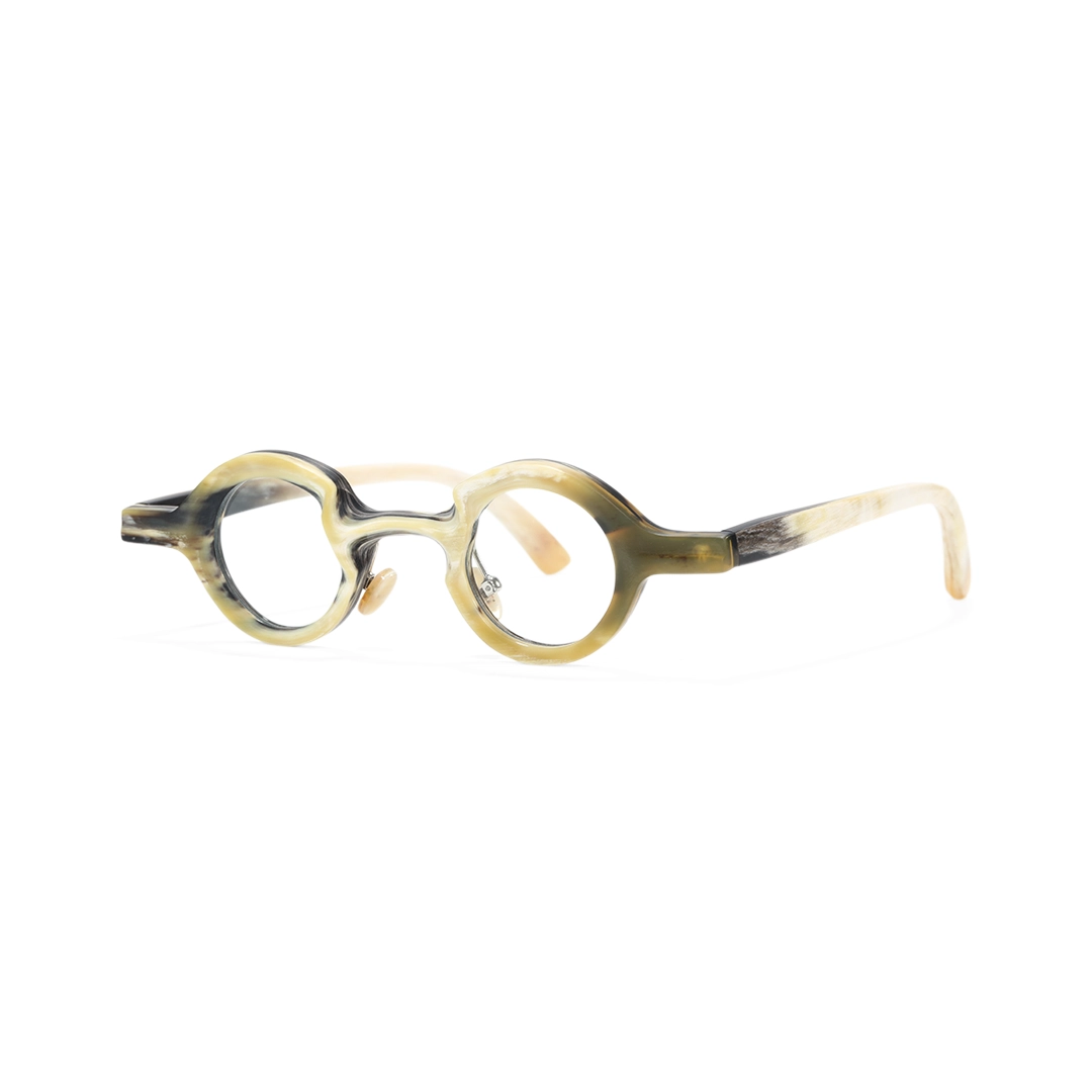 Angle view of Kerno round natural ox horn handcrafted eyeglasses RO0312511 in white