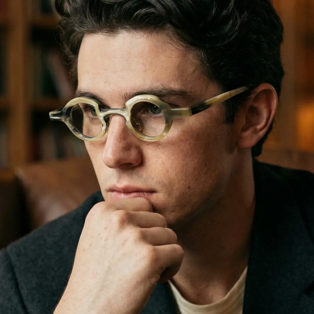 Looking away view of male wearing white round eyeglasses, resting chin on hand, neutral expression, RO0312511