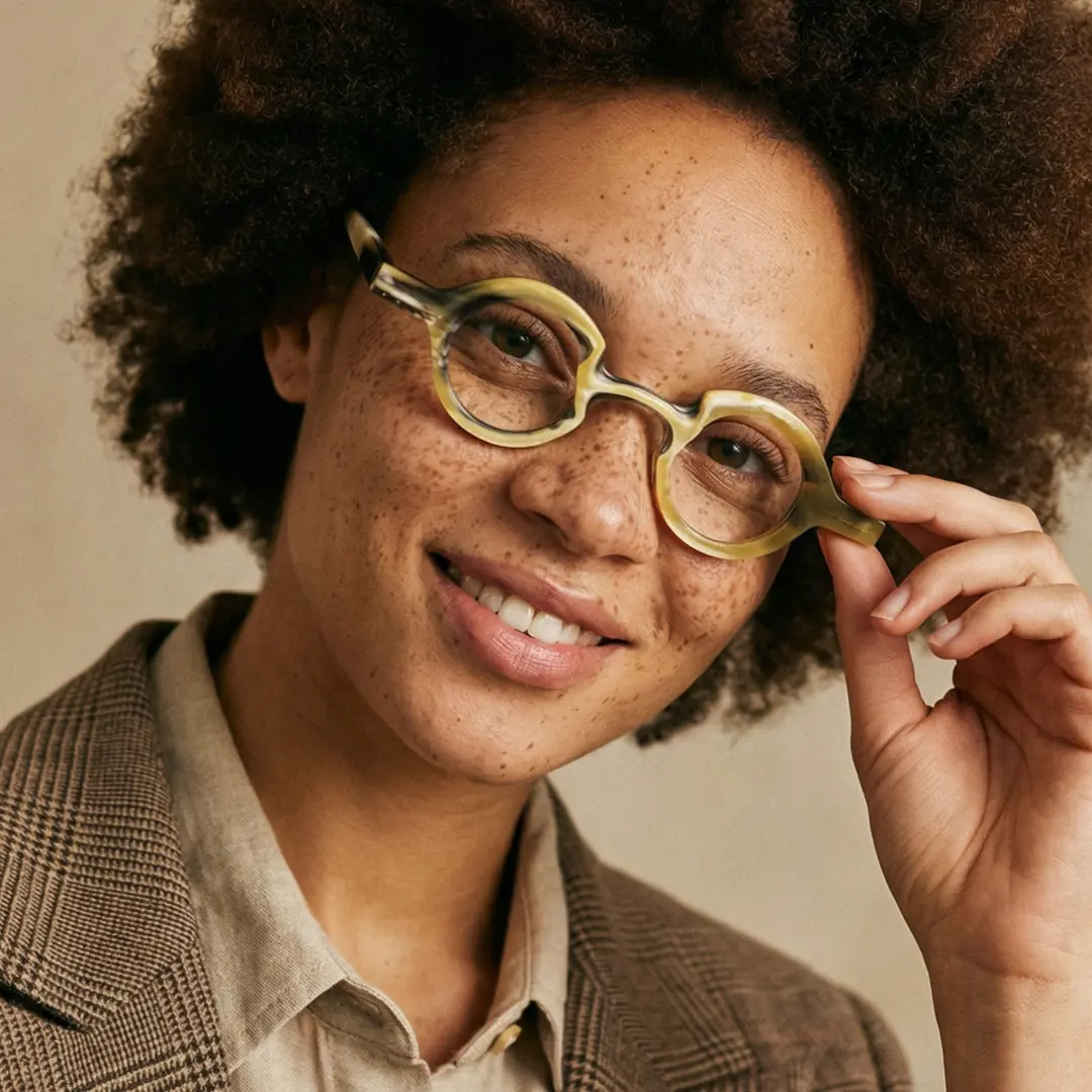 Three-quarter view of female wearing white round eyeglasses, hand in hair, smiling, RO0312511