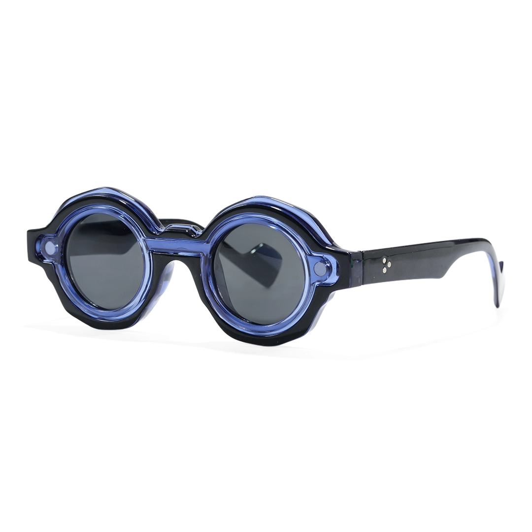 Angle view of Shay round pc magnetic clip-on eyeglasses set with interchangeable clip-on lenses RP0012604 in blue
