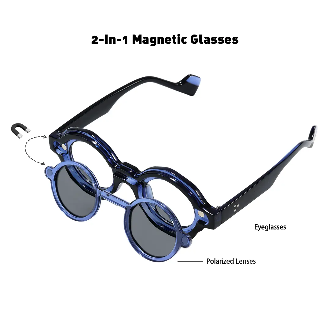 Set view of Shay round pc magnetic clip-on eyeglasses set with interchangeable clip-on lenses RP0012604 in blue