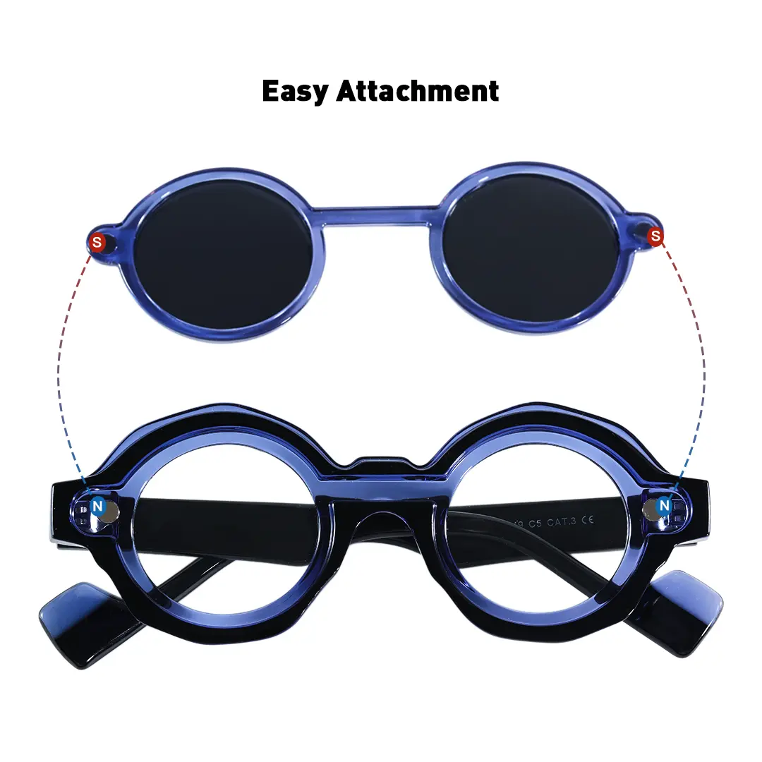 Exploded view of Shay fashion round pc magnetic clip-on eyeglasses set with interchangeable clip-on lenses in blue. SPU: RP0012604