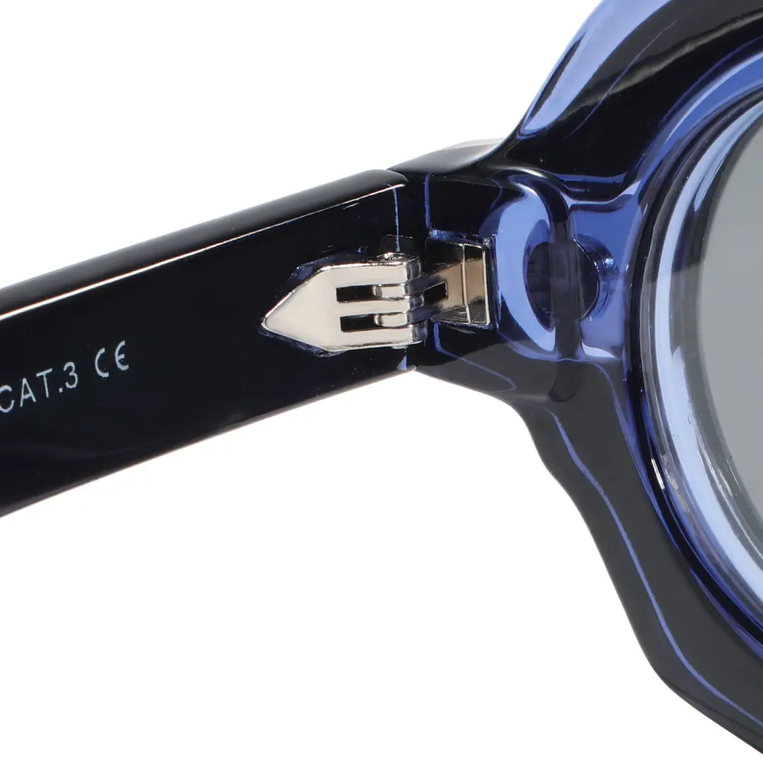 Hinge detail of Shay fashion round pc magnetic clip-on eyeglasses set with interchangeable clip-on lenses in blue. SPU: RP0012604