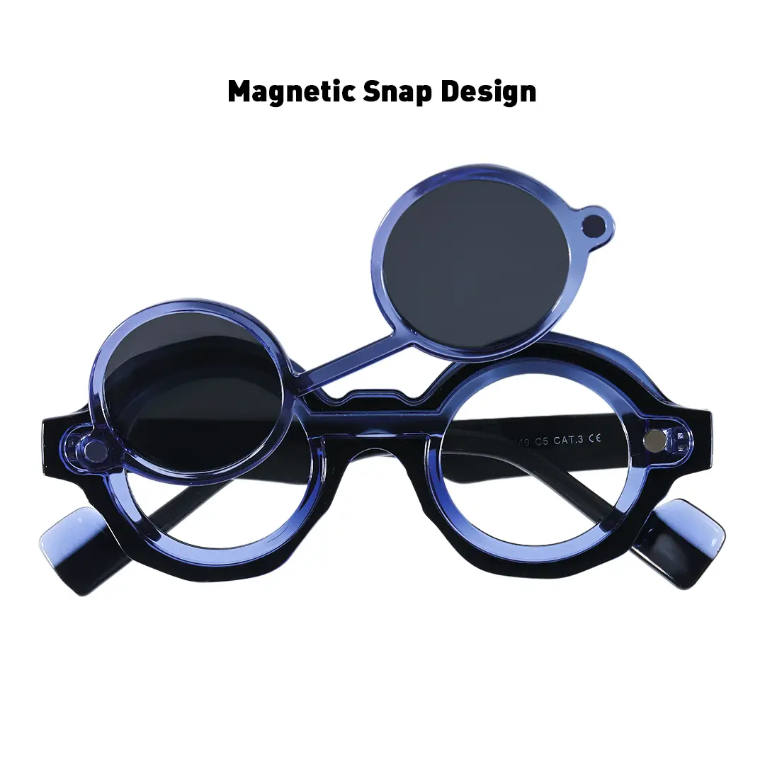 Magnetic connection detail of Shay-fashion round pc magnetic clip-on eyeglasses set with interchangeable clip-on lenses in blue. SPU: RP0012604