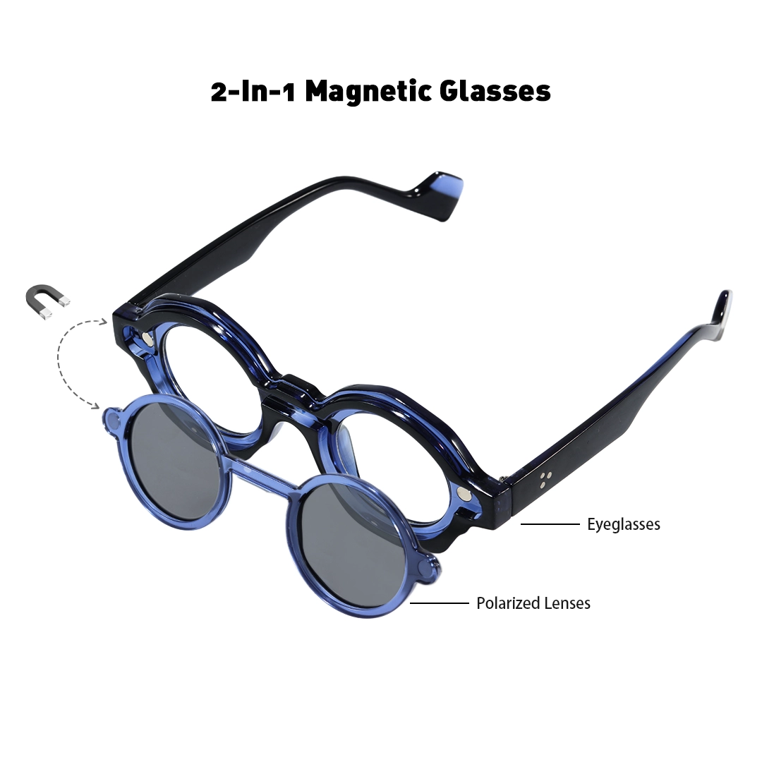 Set view of Shay fashion round pc magnetic clip-on eyeglasses set with interchangeable clip-on lenses RP0012604 in blue