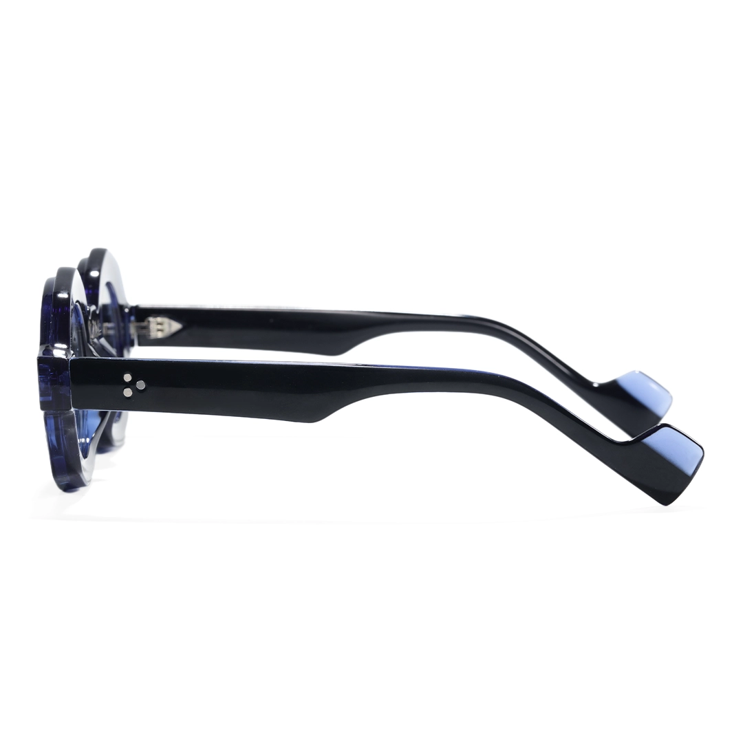 Side view of Shay fashion round pc magnetic clip-on eyeglasses set with interchangeable clip-on lenses in blue. SPU: RP0012604
