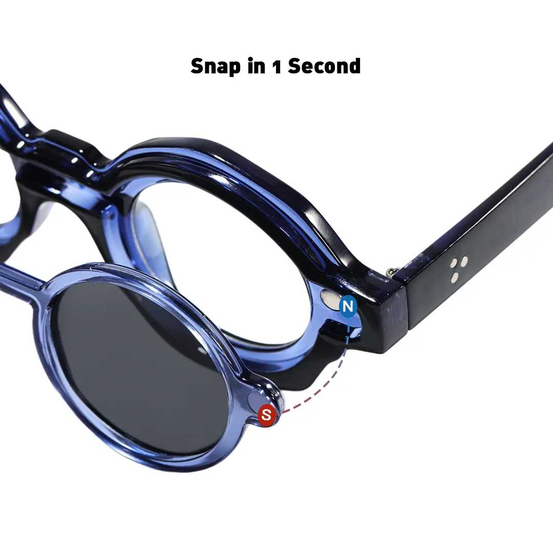 Structure detail of Shay fashion round pc magnetic clip-on eyeglasses set with interchangeable clip-on lenses in blue. SPU: RP0012604