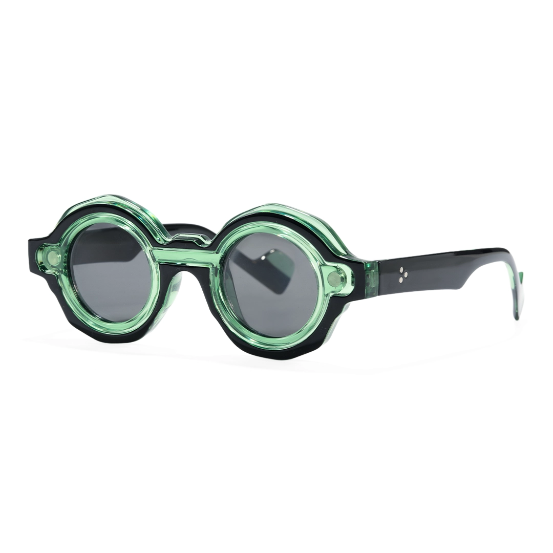 Angle view of Shay fashion round pc magnetic clip-on eyeglasses set with interchangeable clip-on lenses in green. SPU: RP0012604