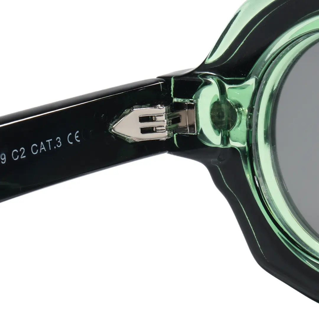 Hinge detail of Shay fashion round pc magnetic clip-on eyeglasses set with interchangeable clip-on lenses in green. SPU: RP0012604