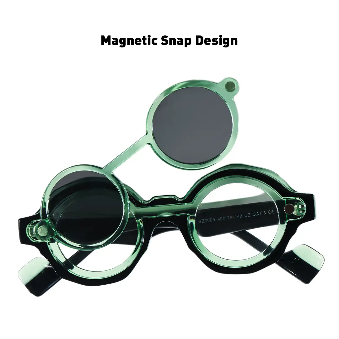 Magnetic connection detail of Shay fashion round pc magnetic clip-on eyeglasses set with interchangeable clip-on lenses in green. SPU: RP0012604