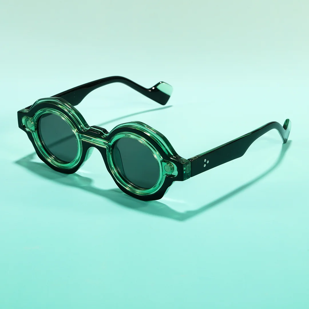 Scene view of Shay fashion round pc magnetic clip-on eyeglasses set with interchangeable clip-on lenses in green. SPU: RP0012604
