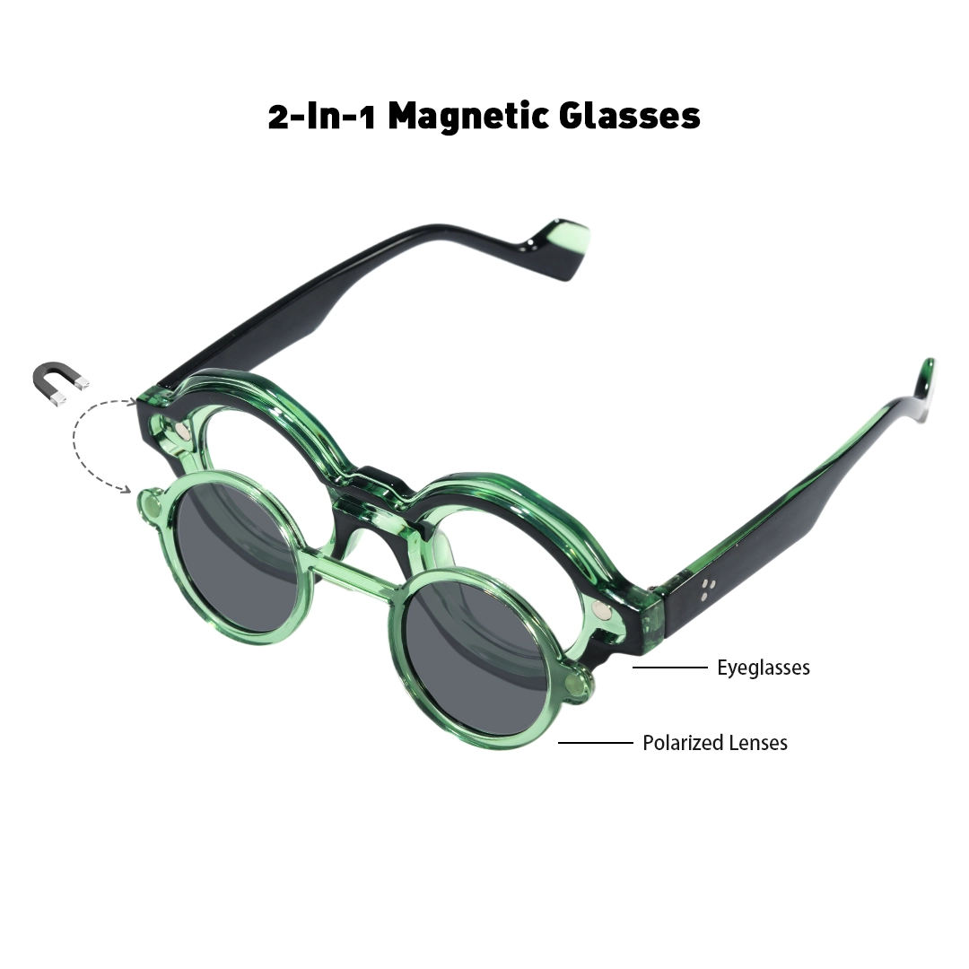 Set view of Shay fashion round pc magnetic clip-on eyeglasses set with interchangeable clip-on lenses in green. SPU: RP0012604