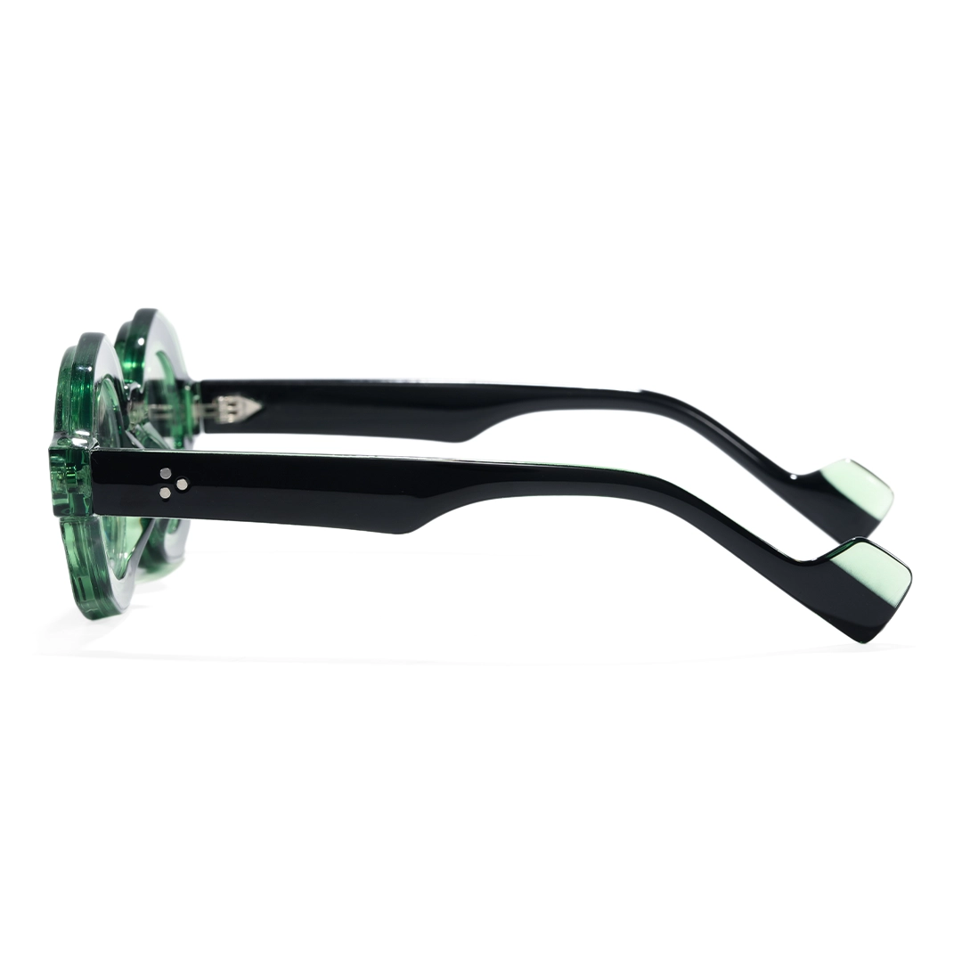 Side view of Shay fashion round pc magnetic clip-on eyeglasses set with interchangeable clip-on lenses in green. SPU: RP0012604