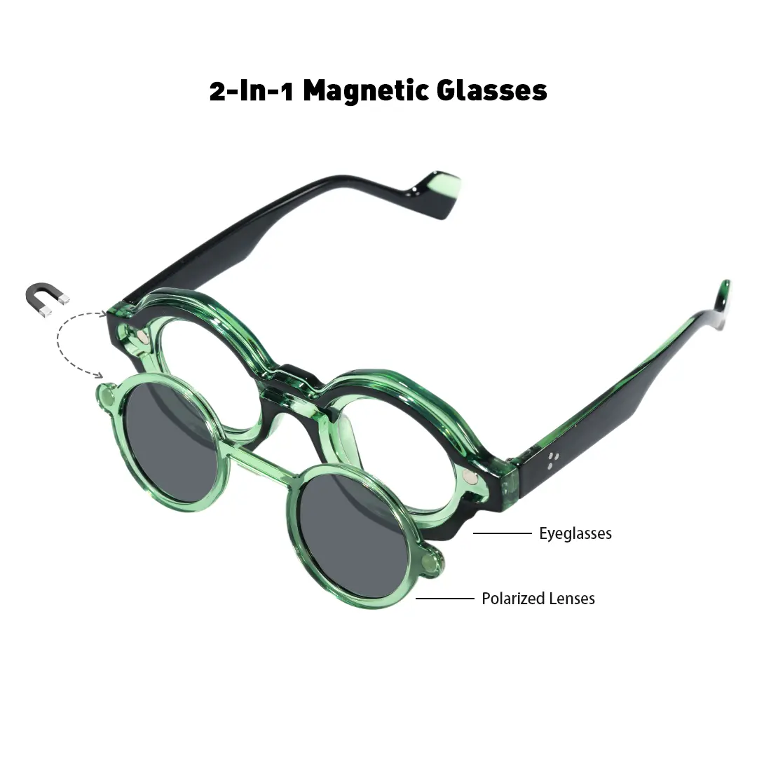 Set view of Shay round pc magnetic clip-on eyeglasses set with interchangeable clip-on lenses RP0012604 in green