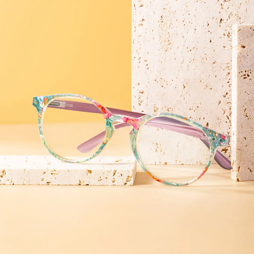 Scene view of Galen colorful round pc eyeglasses in green. SPU: RP0032308