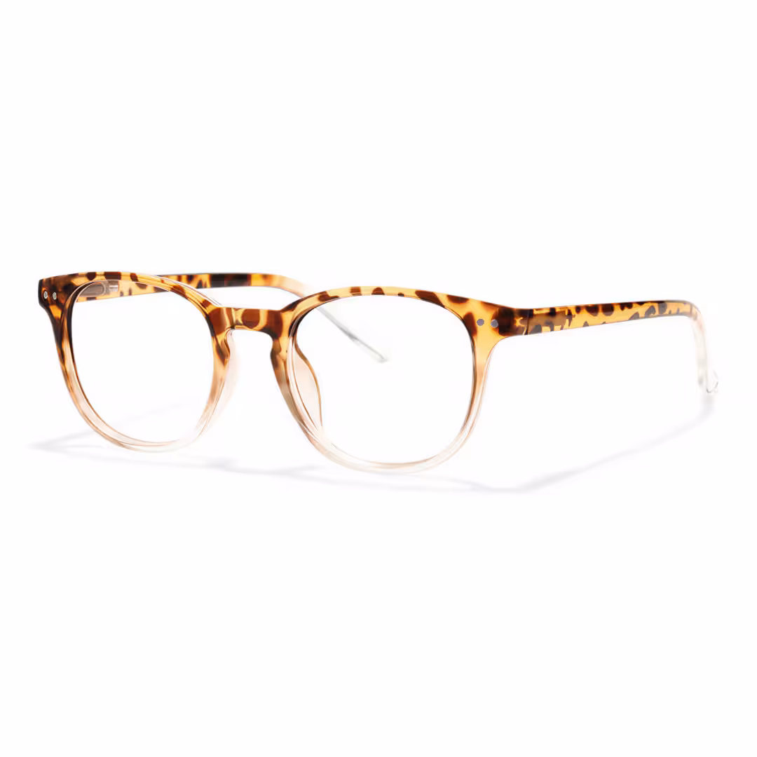 Angle view of Baya round pc eyeglasses in brown tortoise. SPU: RP0052502