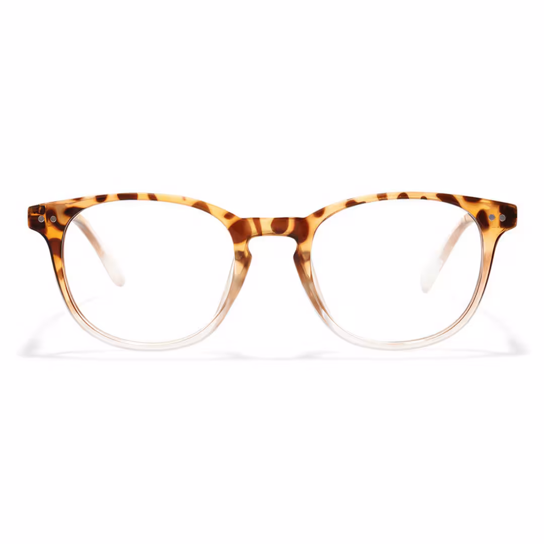 Front view of Baya round pc eyeglasses in brown tortoise. SPU: RP0052502