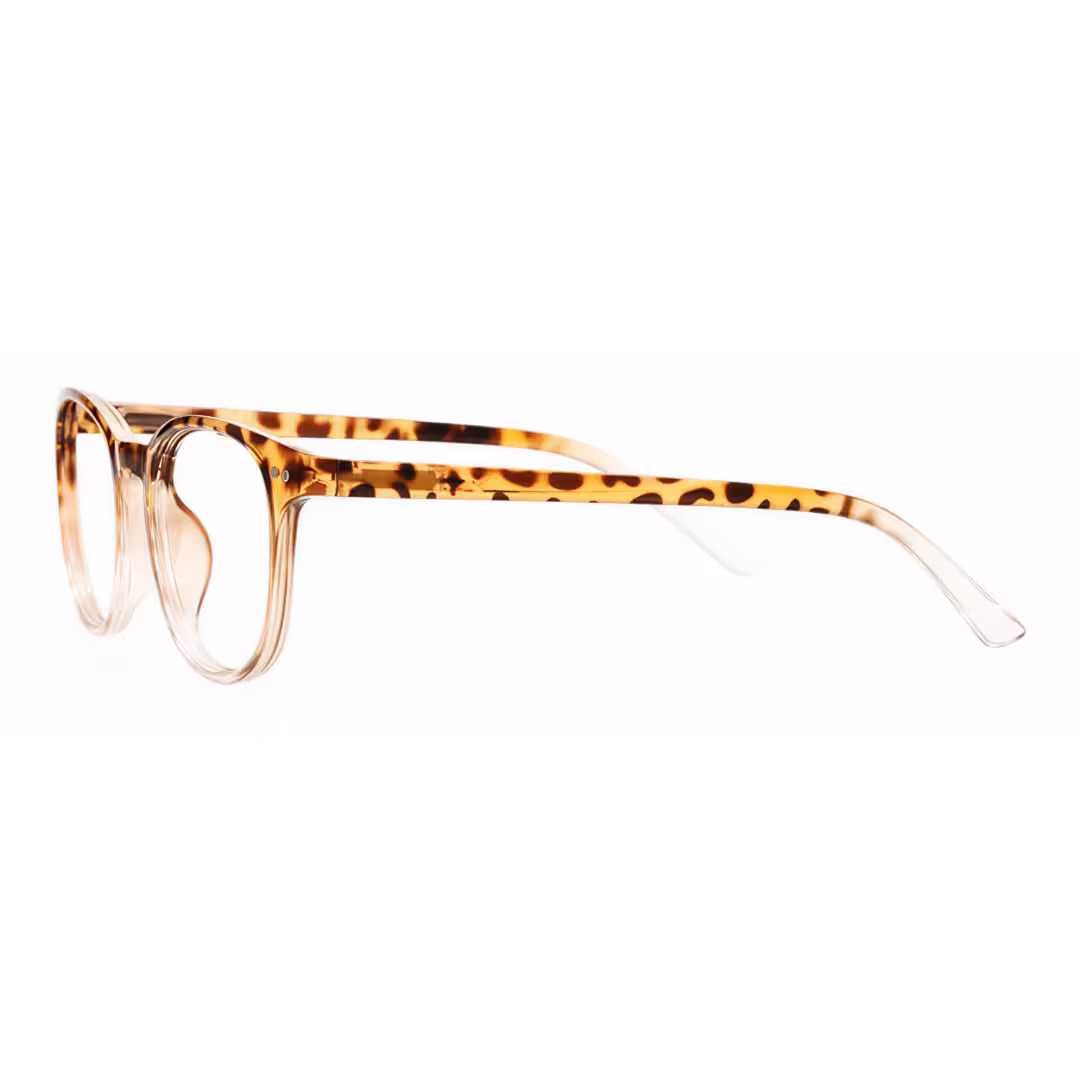 Side view of Baya round pc eyeglasses in brown tortoise. SPU: RP0052502