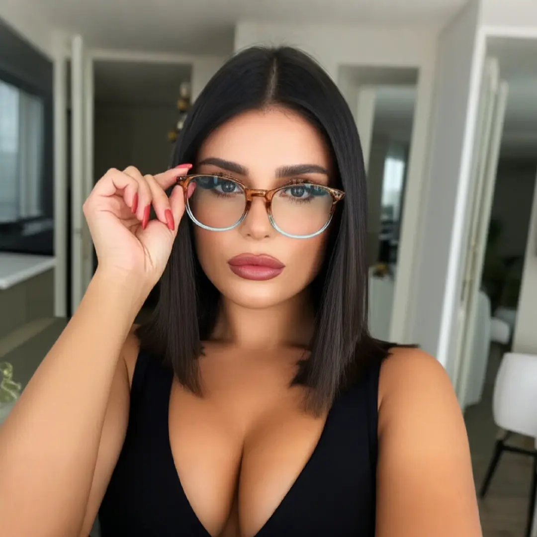 Front view of female wearing two-tone round eyeglasses, natural expression, RP0052502