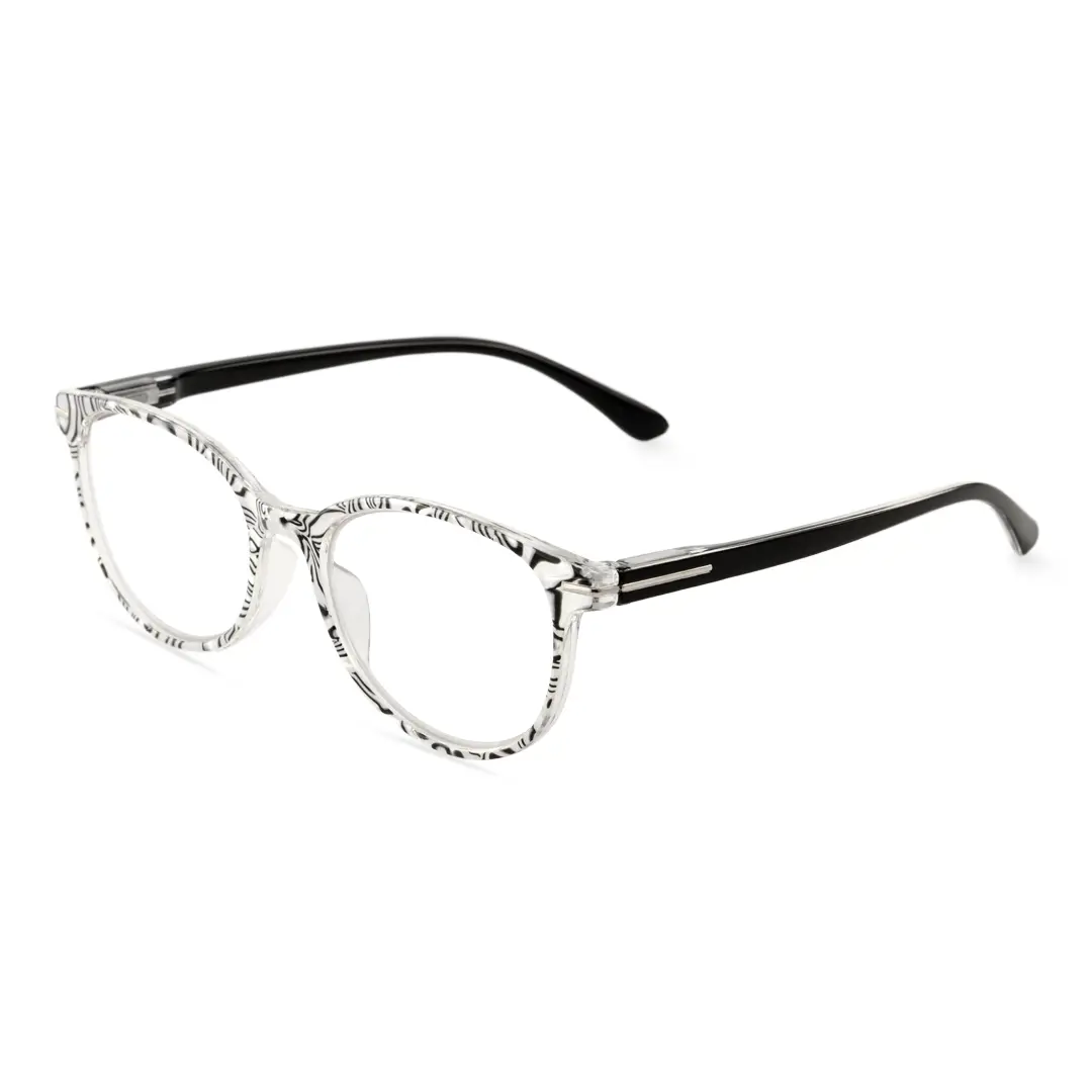Angle view of Heat colorful round pc eyeglasses in black. SPU: RP0212409