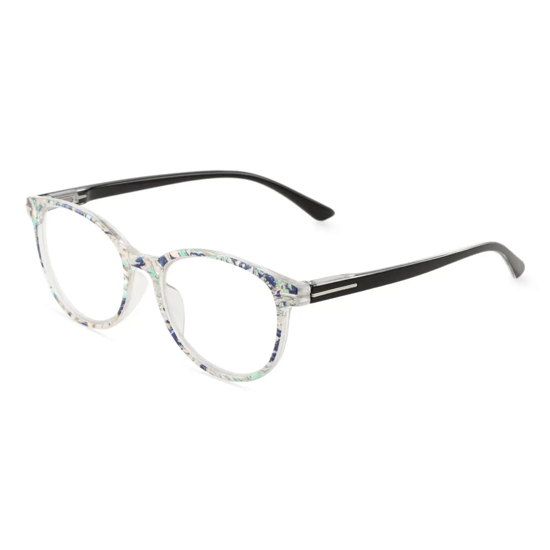 Angle view of Heat colorful round pc eyeglasses in light blue. SPU: RP0212409
