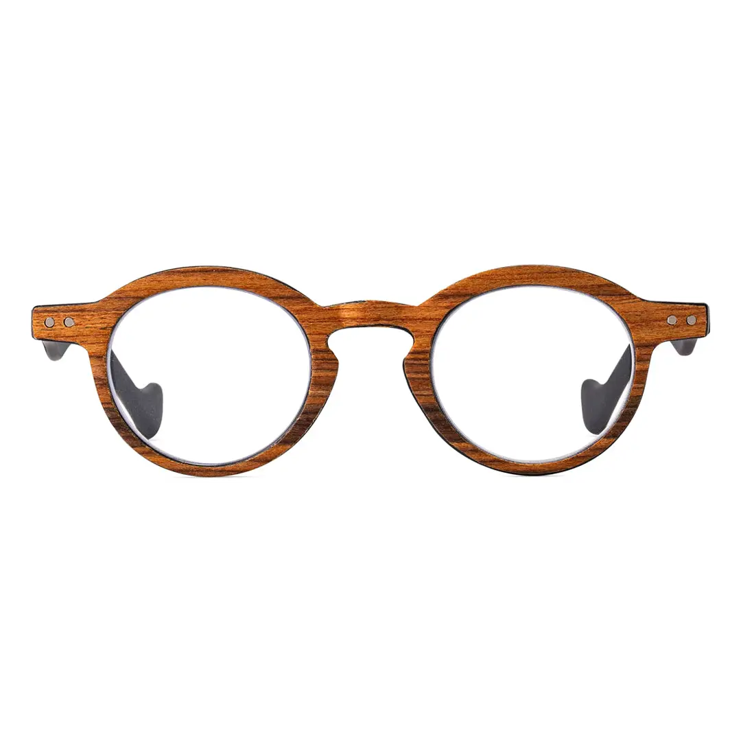 Front view of Lamb round wood eyeglasses RP0302309 in brown