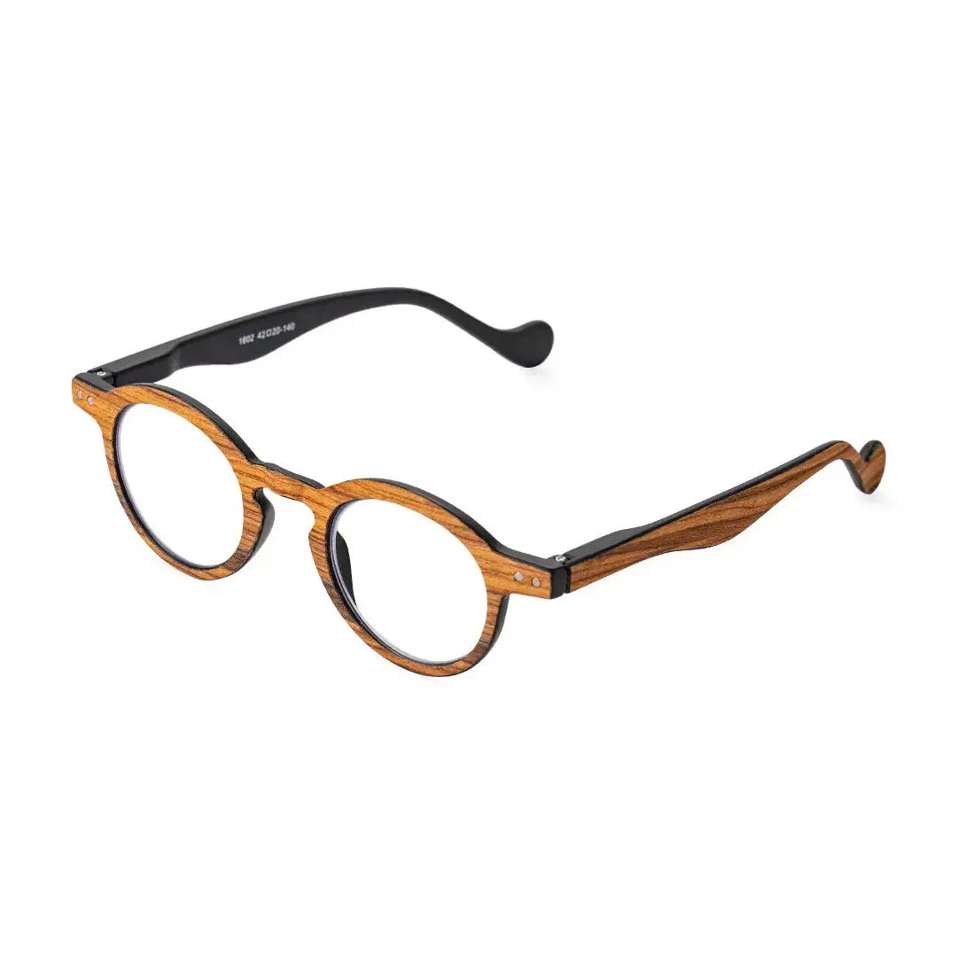 Angle view of Lamb vintage round wood eyeglasses RP0302309 in brown