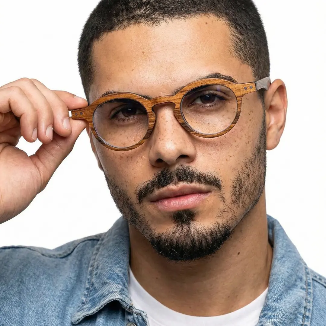 Front view of male wearing vintage brown round eyeglasses, touching frame, neutral expression, RP0302309