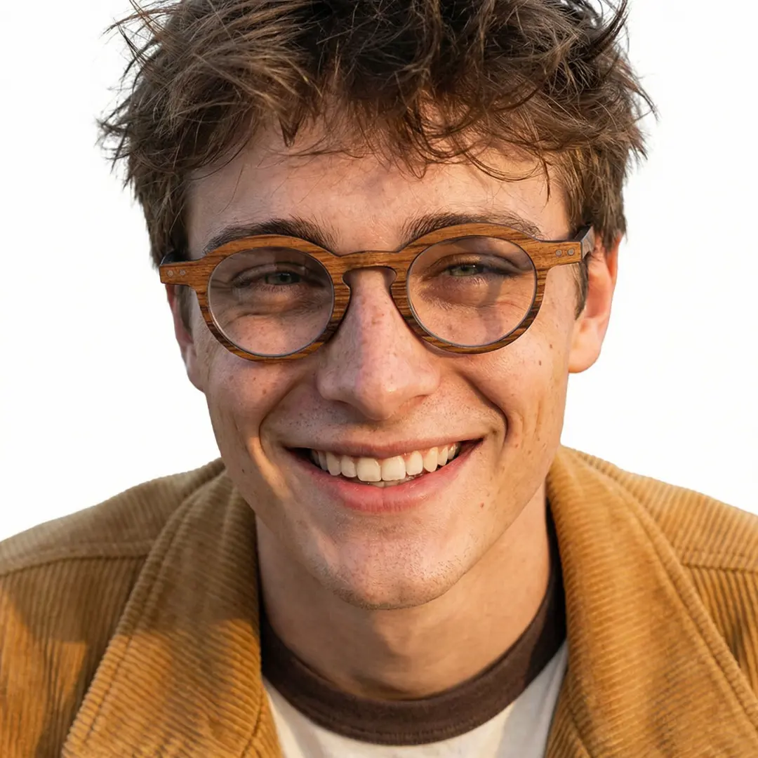 Straight-on view of male wearing vintage brown round eyeglasses, smiling, RP0302309