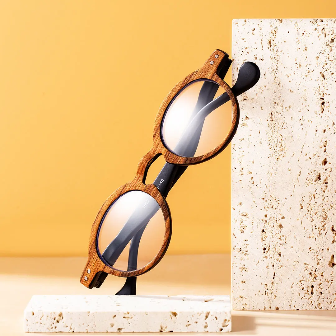 Scene close-up view of Lamb vintage round wood eyeglasses RP0302309 in brown