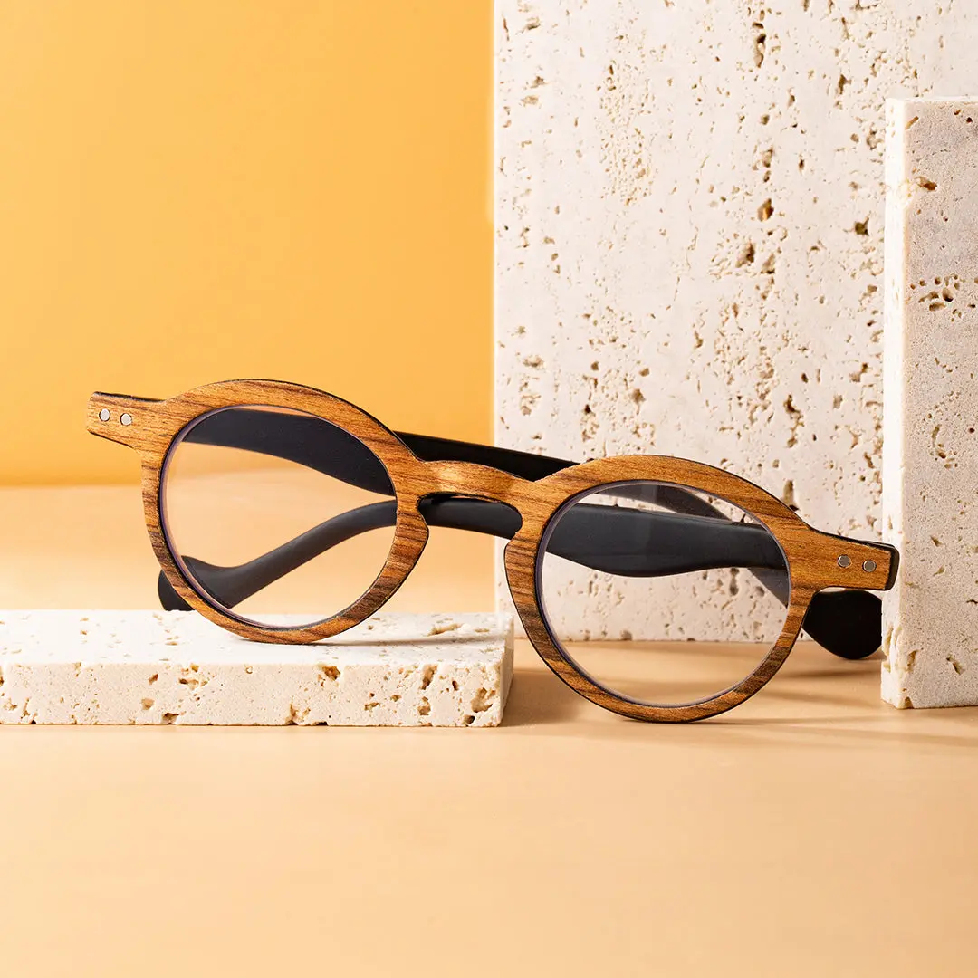 Scene view of Lamb vintage round wood eyeglasses RP0302309 in brown