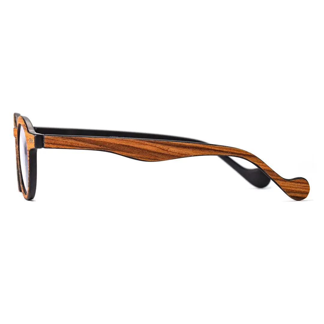 Side view of Lamb vintage round wood eyeglasses RP0302309 in brown