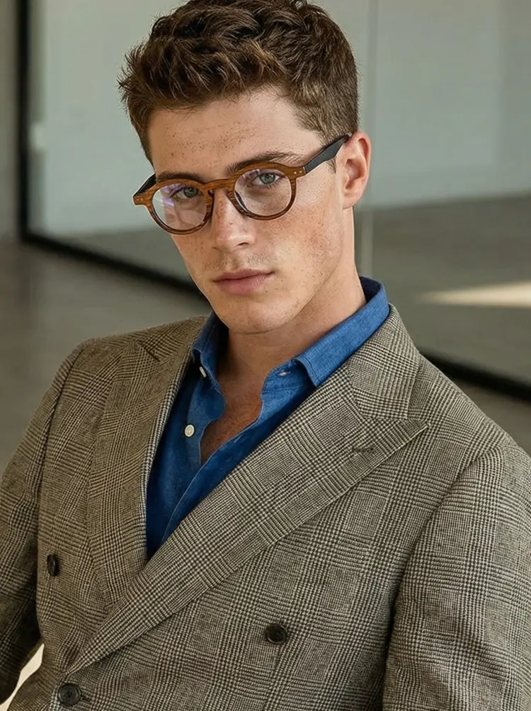Male model wearing vintage brown round wood eyeglasses inside a minimalist modern indoor space beside smooth glass partition walls. SPU: RP0302309