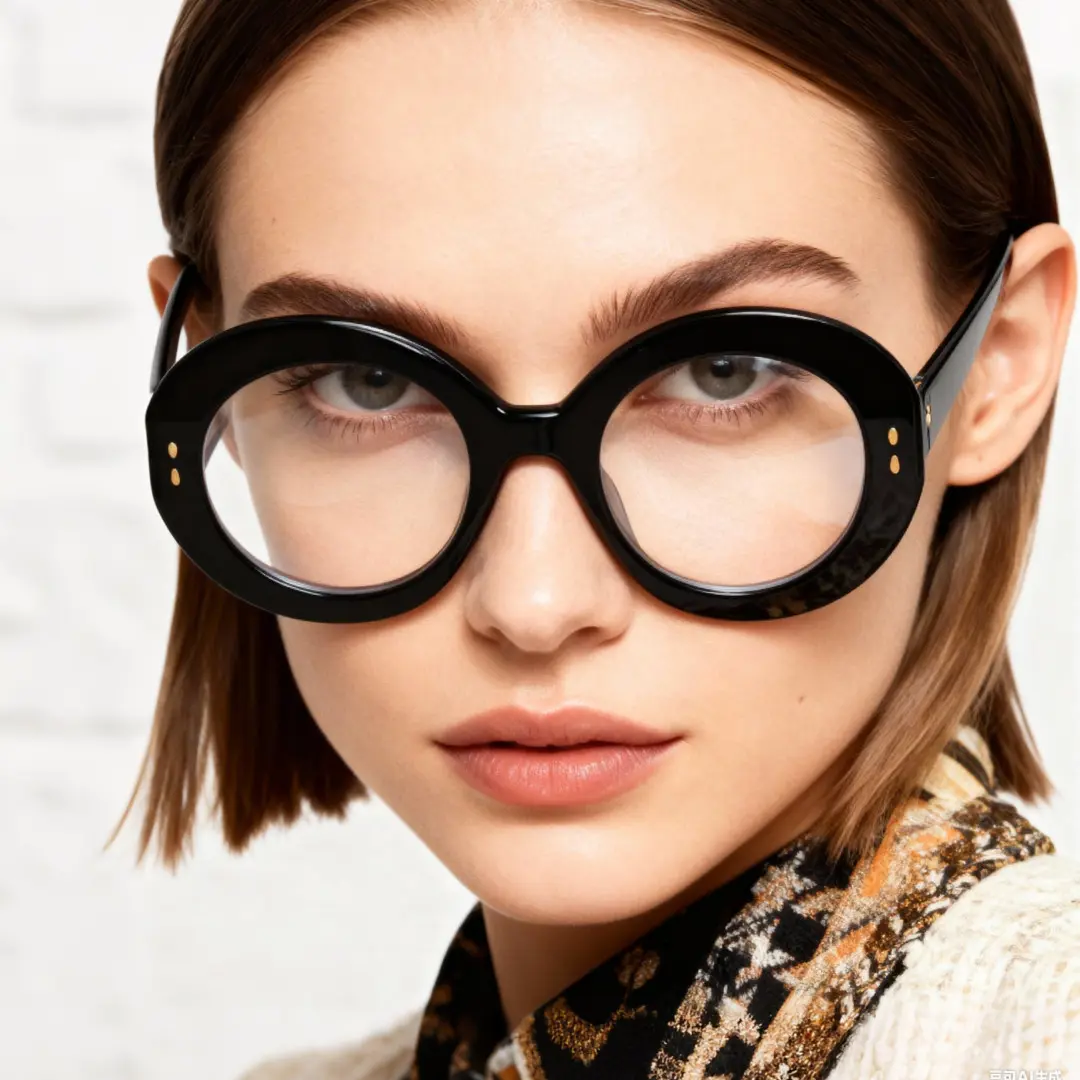 Close-up of female wearing black round eyeglasses, relaxed expression, RP0322406