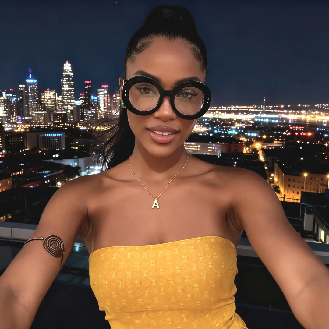 Front view of female wearing black round eyeglasses, taking a selfie, smiling, RP0322406