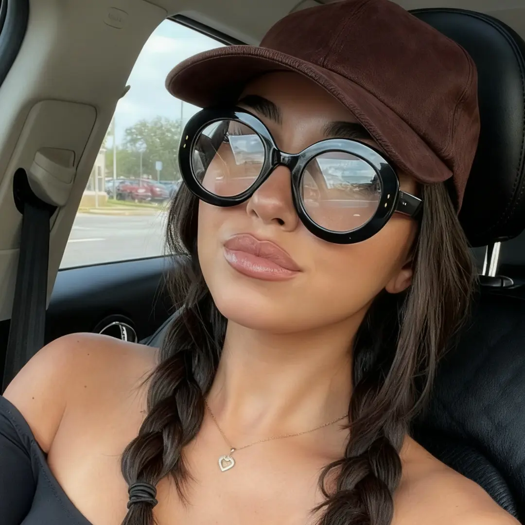 Three-quarter view of female wearing black round eyeglasses, neutral expression, RP0322406