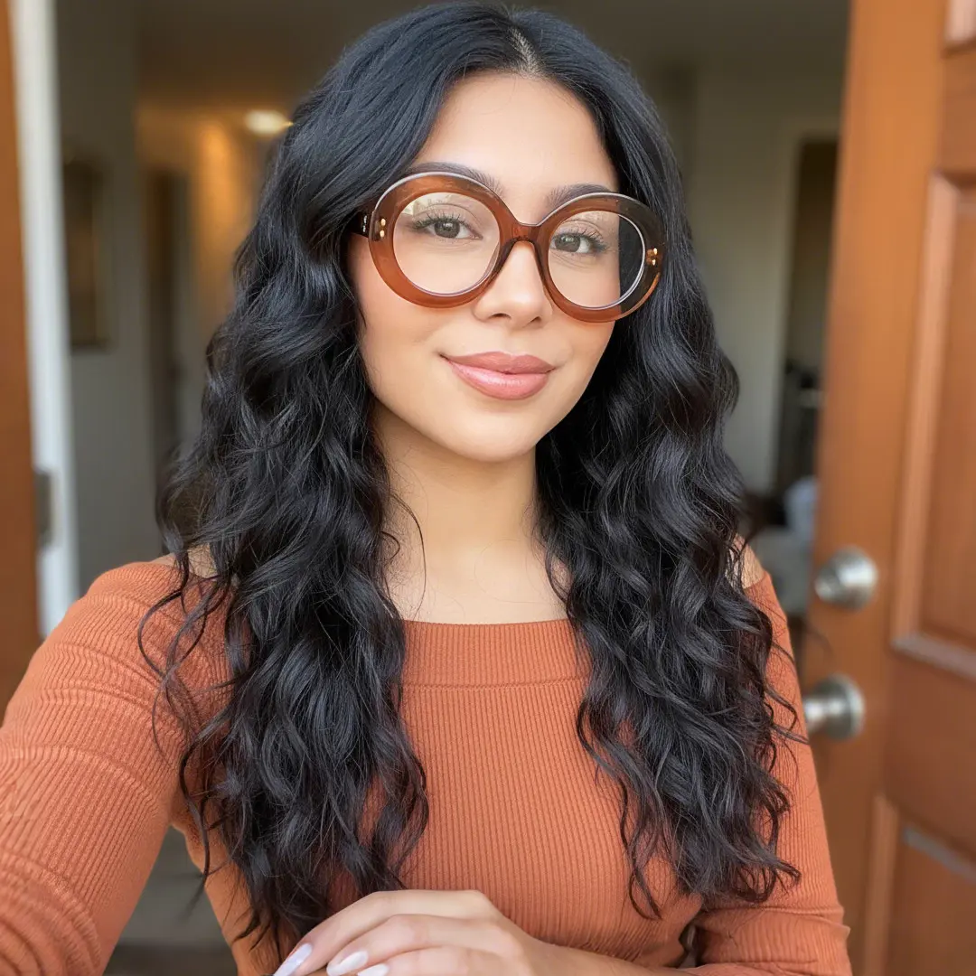 Slightly angled view of female wearing brown round eyeglasses, soft smile, RP0322406